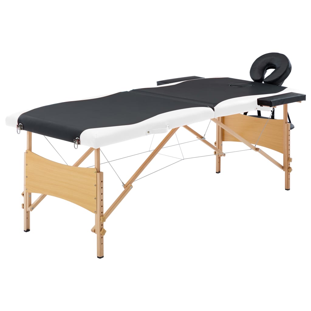Sklopivi masažni stol s 2 zone drveni crno-bijeli