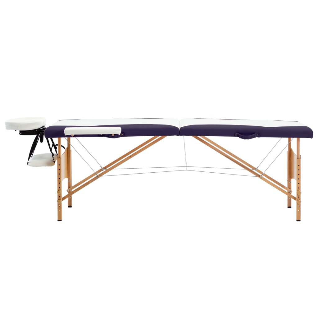 Skládací masážní stůl 2 zóny dřevěný bílý a fialový