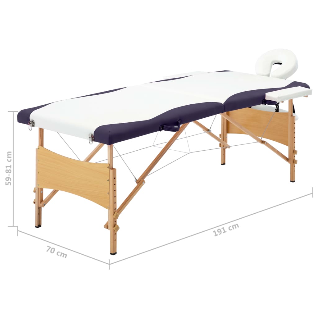 Skládací masážní stůl 2 zóny dřevěný bílý a fialový