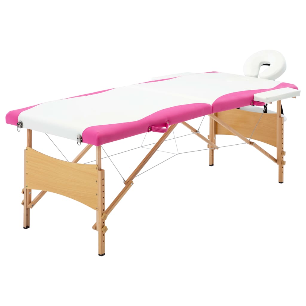vidaXL Masă pliabilă de masaj, 2 zone, alb și roz, lemn imagine vidaxl.ro