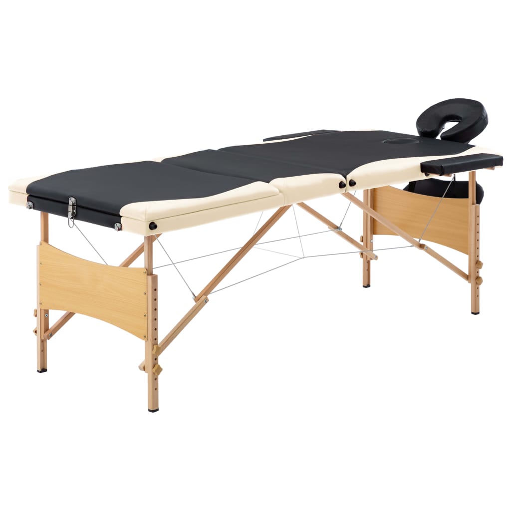 vidaXL Masă de masaj pliabilă, 3 zone, negru și bej, lemn vidaXL