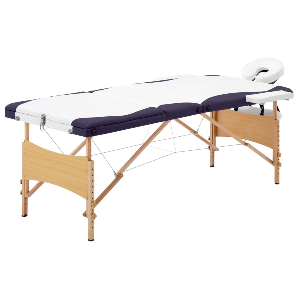 vidaXL sammenfoldeligt massagebord med træstel 3 zoner hvid og lilla