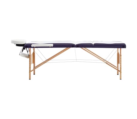 vidaXL Sulankstomas masažo stalas, baltas/violetinis, mediena, 3 zonų