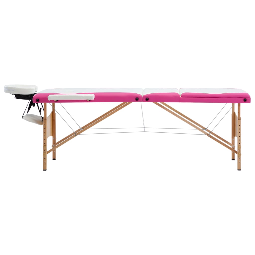vidaXL Masă pliabilă de masaj, 3 zone, alb și roz, lemn