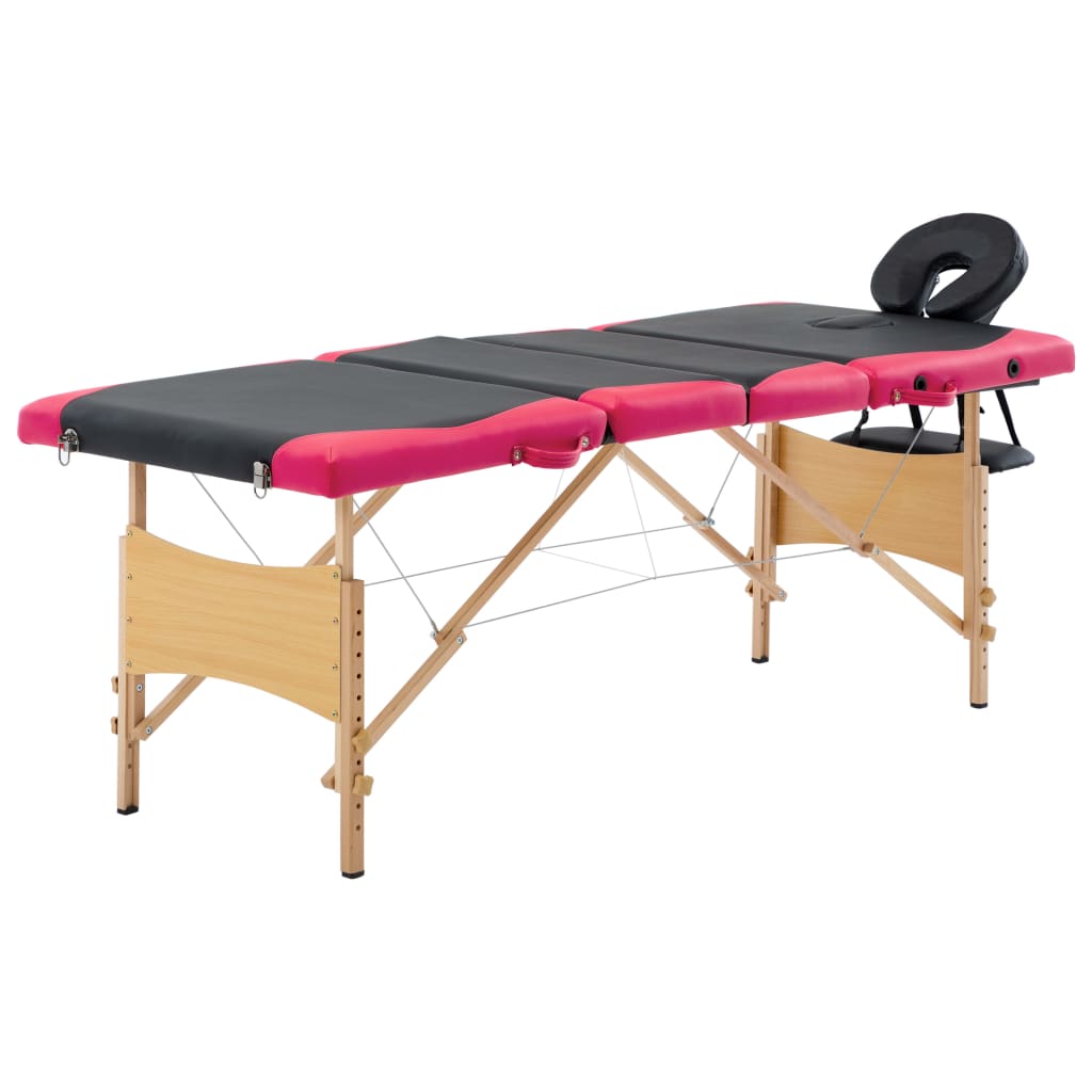 vidaXL Masă pliabilă de masaj, 4 zone, negru și roz, lemn frumusete