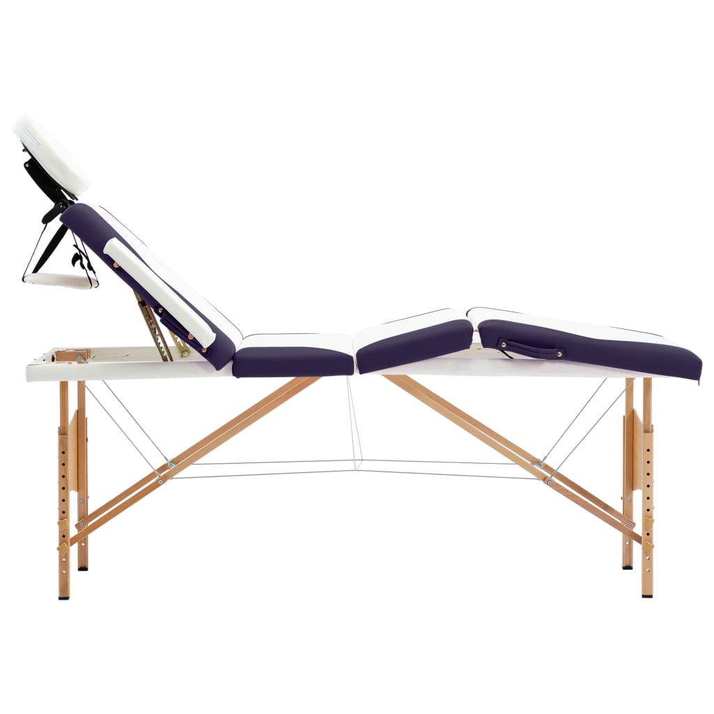 vidaXL Składany stół do masażu, 4 strefy, drewniany, biało-fioletowy