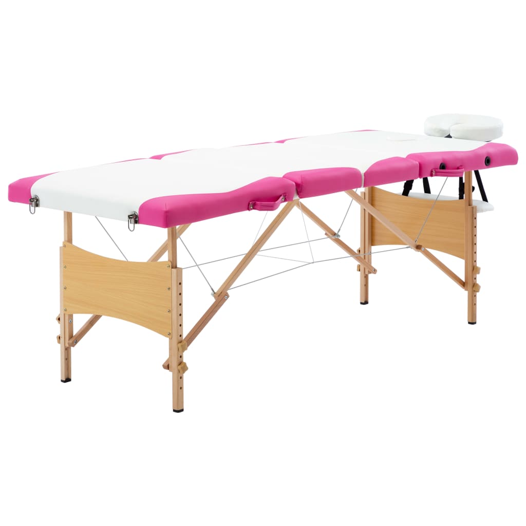 vidaXL Masă pliabilă de masaj, 4 zone, alb și roz, lemn vidaxl.ro