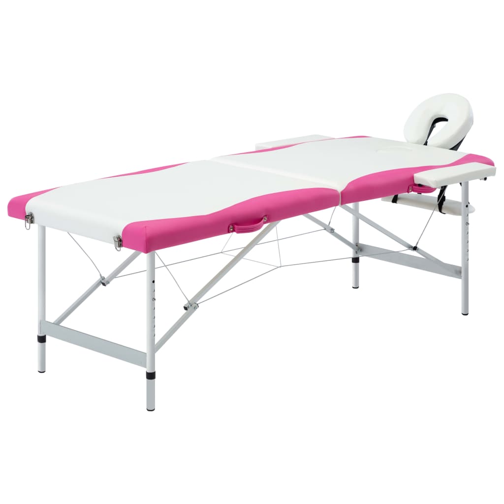 vidaXL Masă pliabilă de masaj, 2 zone, alb și roz, aluminiu title=vidaXL Masă pliabilă de masaj, 2 zone, alb și roz, aluminiu