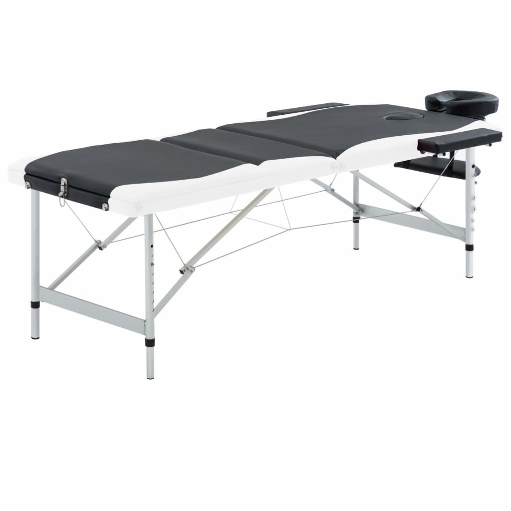 vidaXL sammenfoldeligt massagebord aluminiumsstel 3 zoner sort og hvid