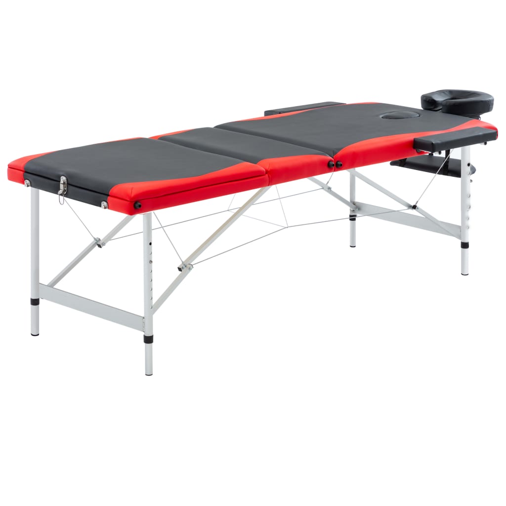 vidaXL sammenfoldeligt massagebord aluminiumsstel 3 zoner sort og rød
