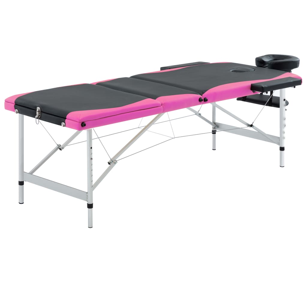 vidaXL sammenfoldeligt massagebord aluminiumsstel 3 zoner sort lyserød