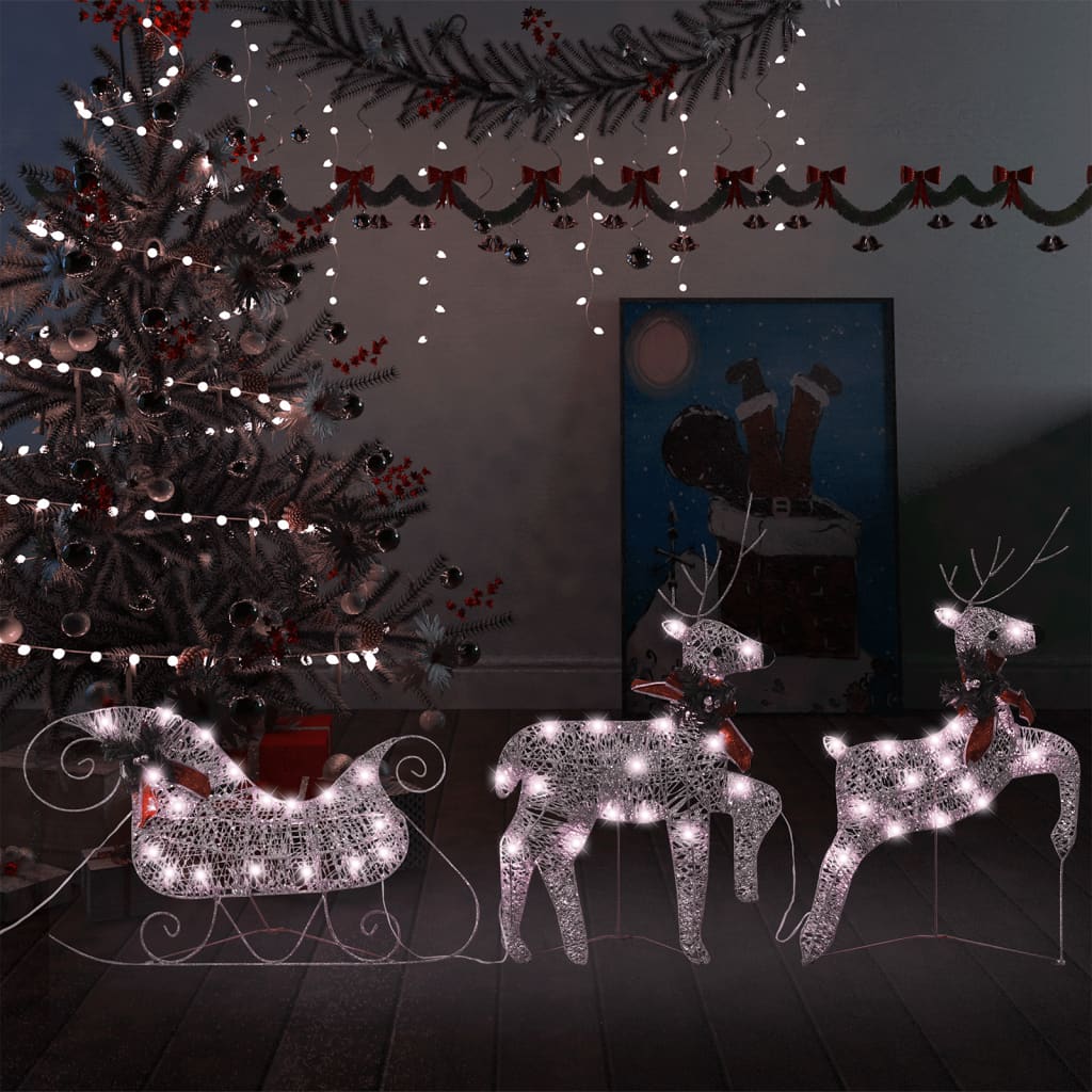 vidaXL Decor de Crăciun cu reni și sanie, 60 LED-uri, auriu, exterior