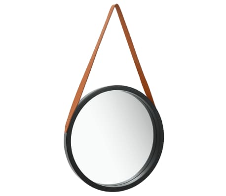 vidaXL Espejo de Pared con Correa Negro 40 cm Redondo Colgante Baño