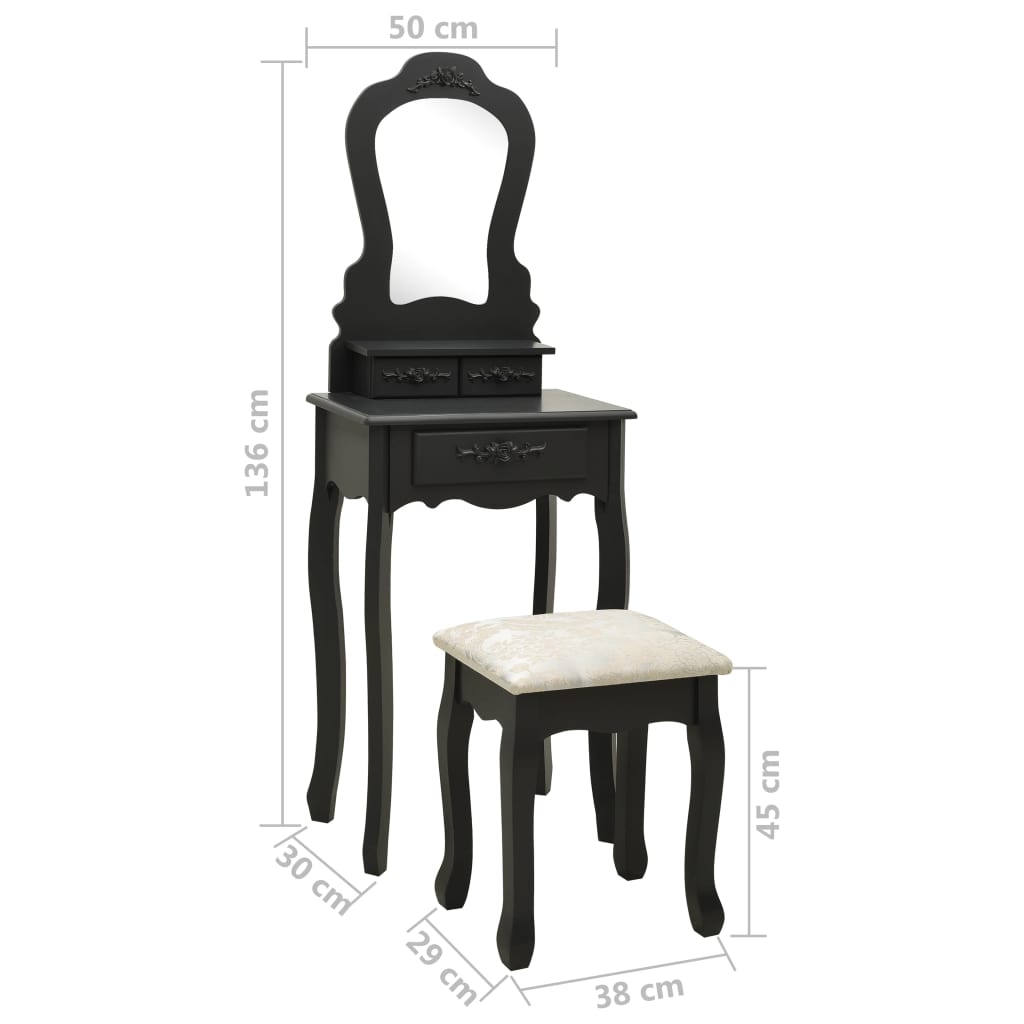 Fekete császárfa fésülködőasztal-szett ülőkével 50x59x136 cm 