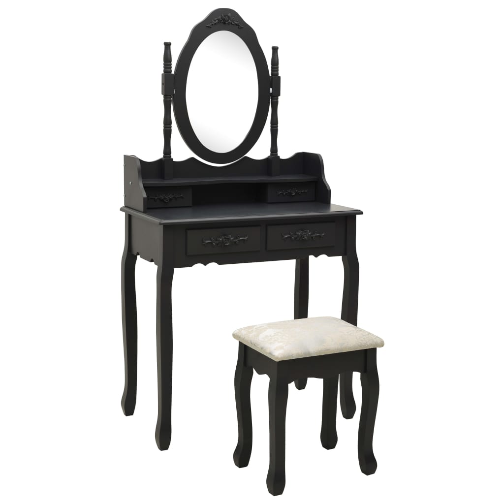 Fekete császárfa fésülködőasztal-szett ülőkével 75x69x140 cm 