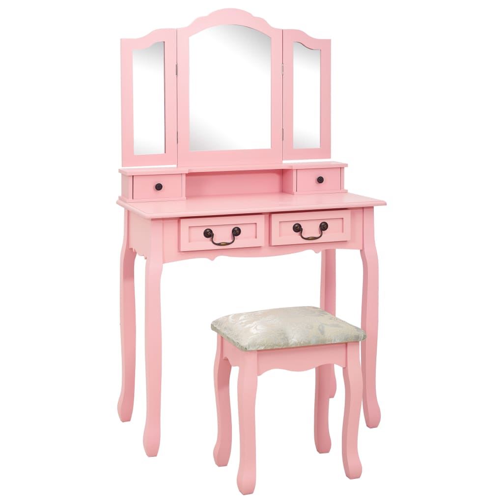 vidaXL Set masă de toaletă cu taburet roz 80x69x141 cm lemn paulownia vidaXL