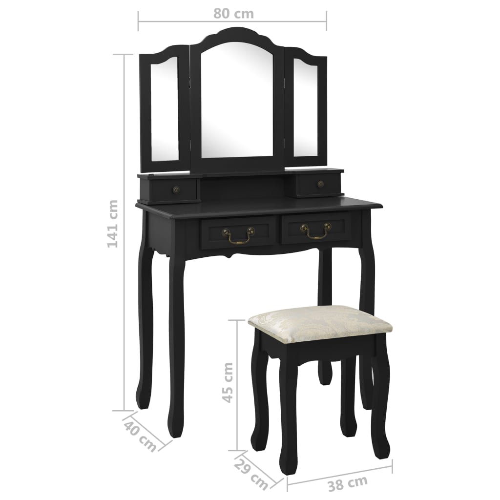 Fekete császárfa fésülködőasztal-szett ülőkével 80x69x141 cm 