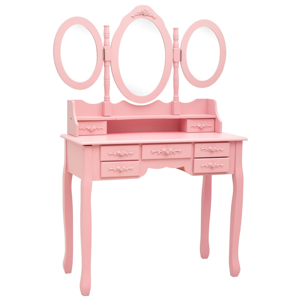 Toaletní stolek se stoličkou a 3dílné skládací zrcadlo růžový