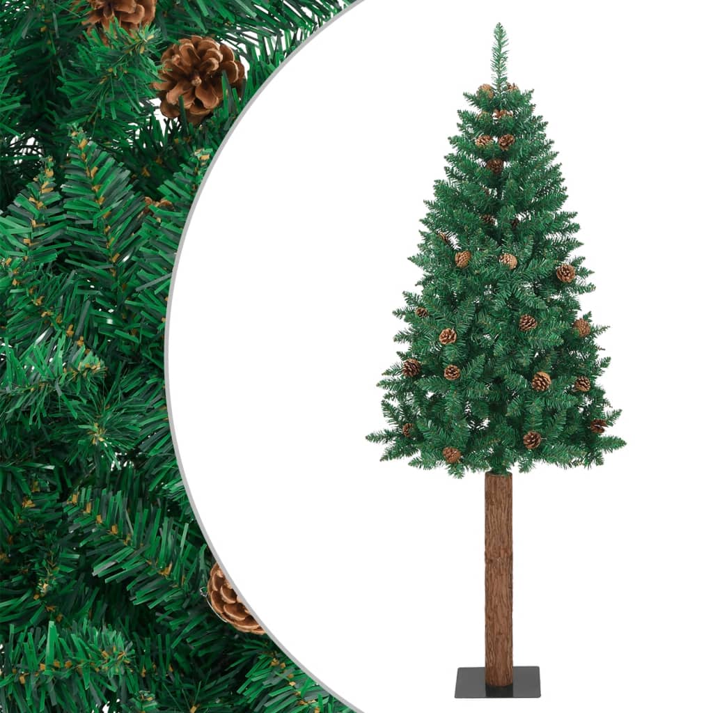 Weihnachtsbaum Schlank mit Echtholz und Zapfen Grün 150 cm PVC