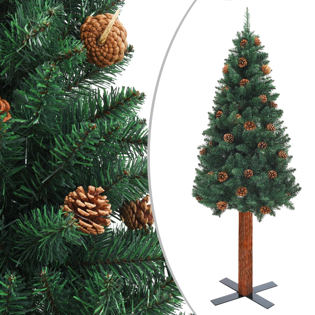 Kapea joulukuusi aidolla puulla ja kävyillä vihreä 210 cm PVC