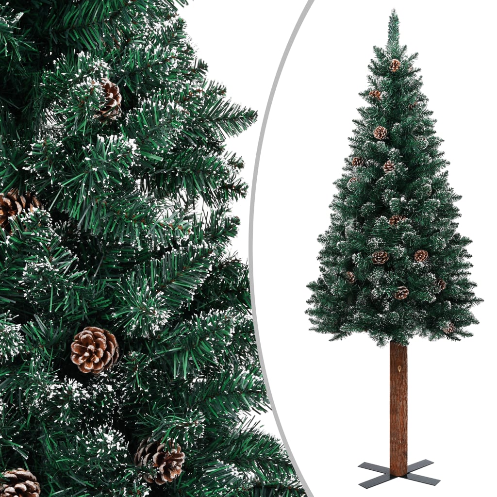 vidaXL Pom Crăciun artificial subțire, lemn și zăpadă, verde, 210 cm
