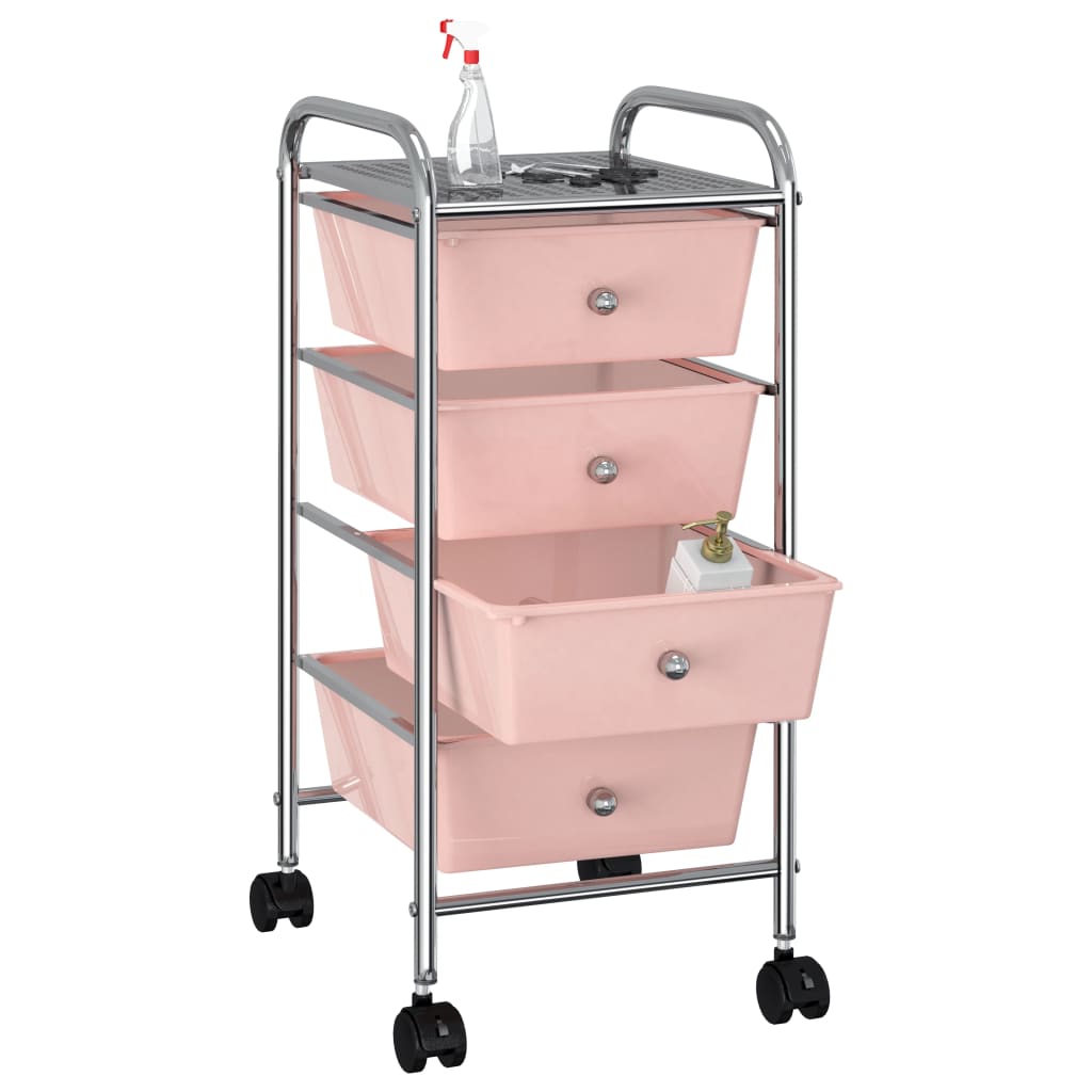Mobilní úložný vozík se 4 zásuvkami růžový plastový