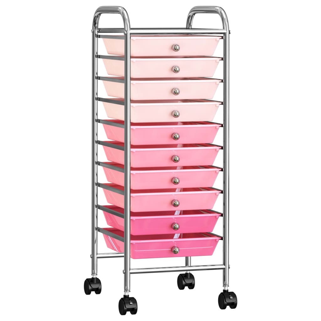 Pokretna kolica za pohranu s 10 ladica ombre roza plastična