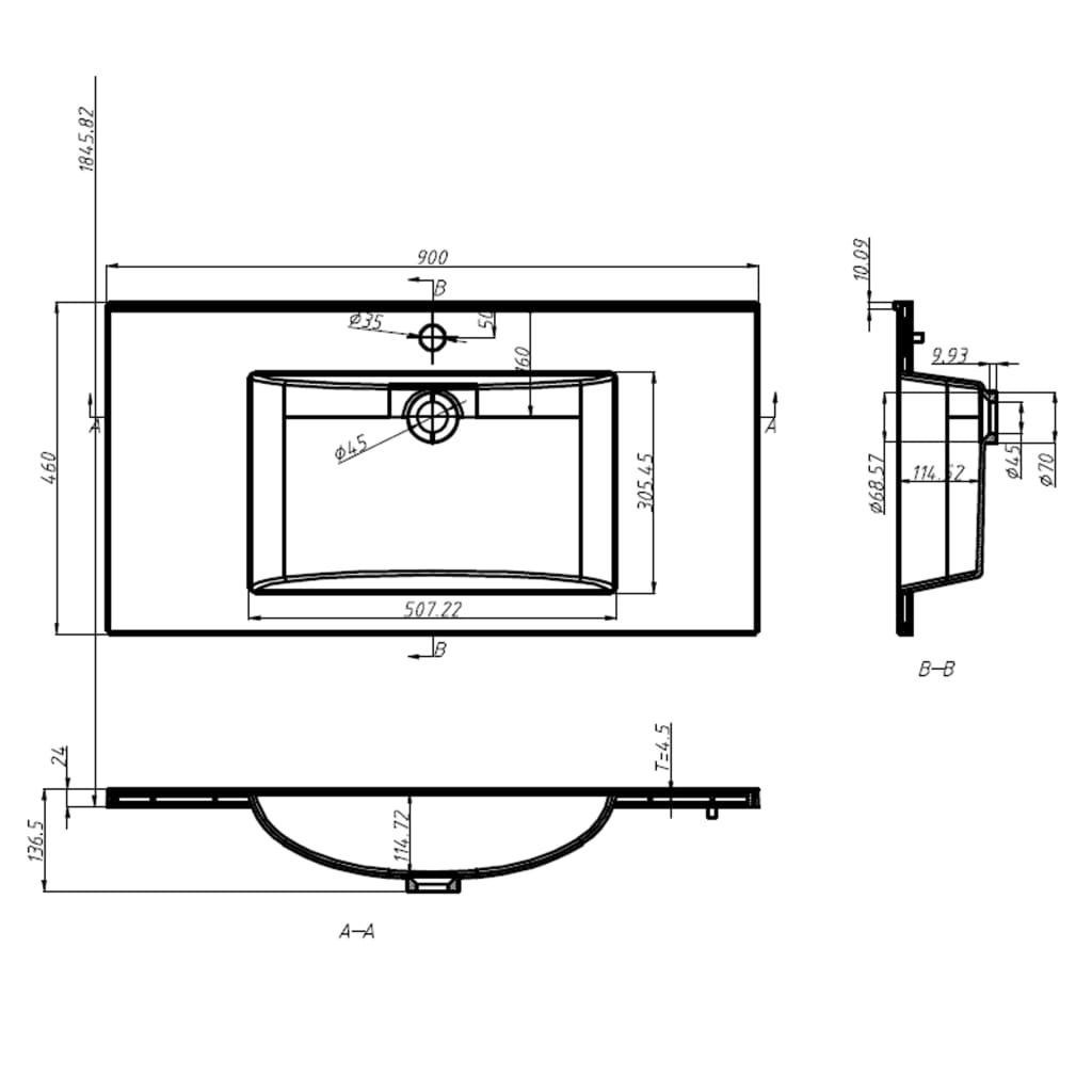 Fehér SMC beépíthető mosdókagyló 900 x 460 x 130 mm 