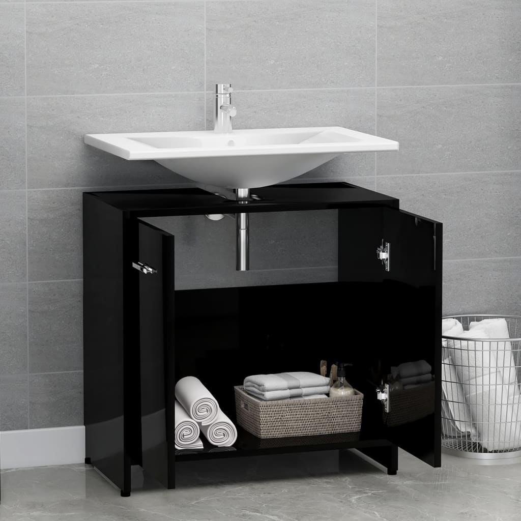 vidaXL Шкаф за баня, черен гланц, 60x33x61 см, ПДЧ