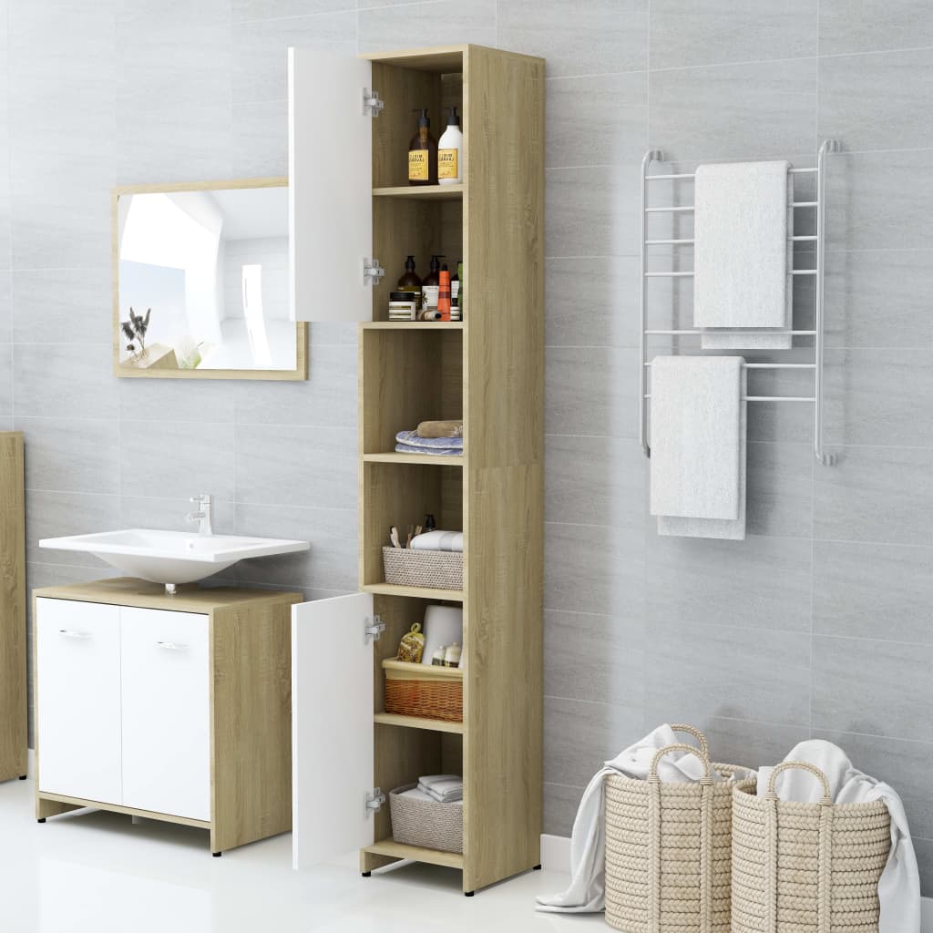 vidaXL Bathroom Cabinet White and Sonoma Oak 11.8"x11.8"x72.2" Engineered Wood