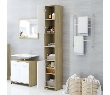 vidaXL Bathroom Cabinet White and Sonoma Oak 11.8"x11.8"x72.2" Engineered Wood