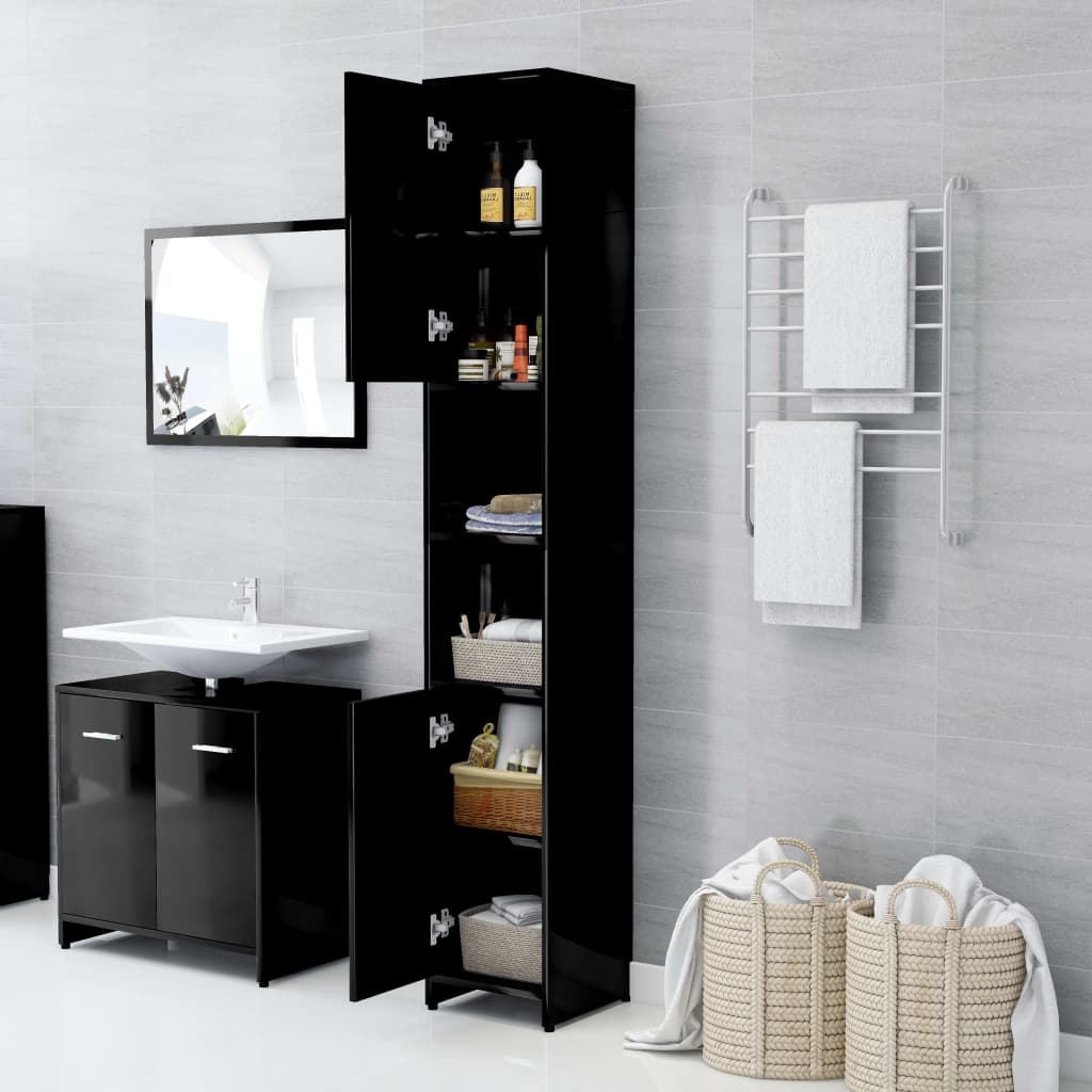 vidaXL Bathroom Cabinet High Gloss Black 30x30x183.5 cm Engineered Wood