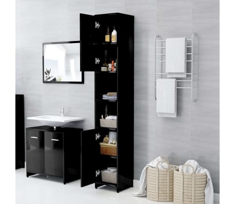 vidaXL Armario baño madera contrachapada negro brillo 30x30x183,5 cm