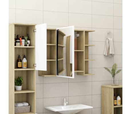 vidaXL Шкаф за баня с огледало, бяло и дъб сонома, 80x20,5x64 см, ПДЧ