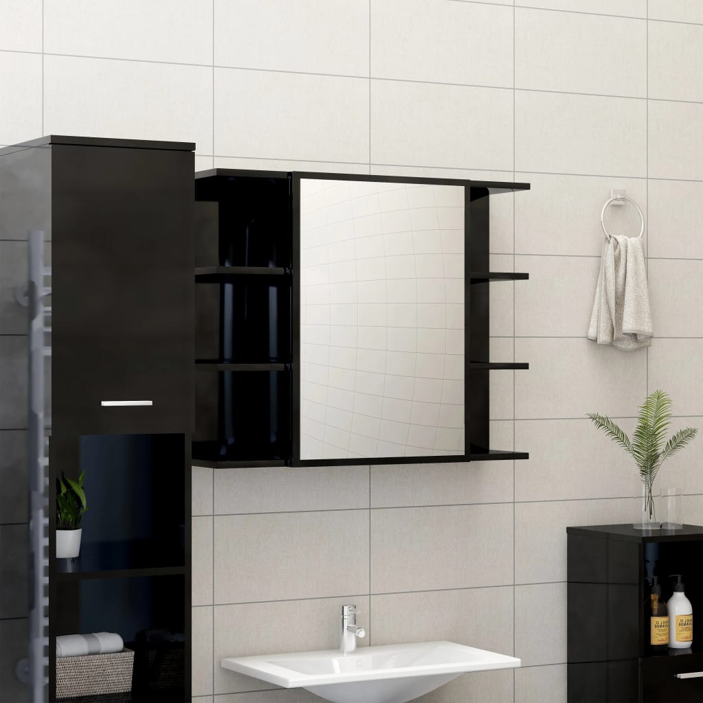 vidaXL Dulap de baie cu oglindă, negru extralucios, 80×20,5×64 cm, PAL vidaxl.ro