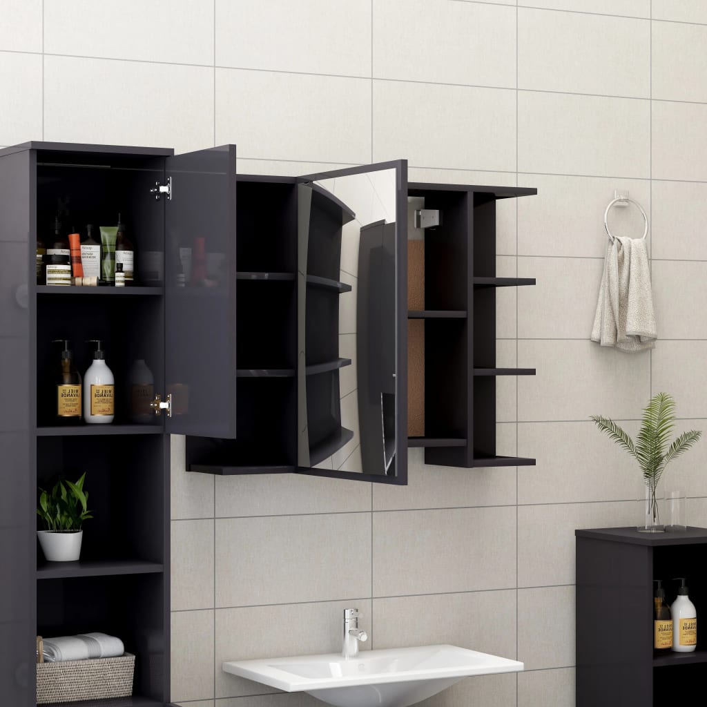 vidaXL Mobile da Bagno Specchio Grigio Lucido 80x20,5x64cm Multistrato