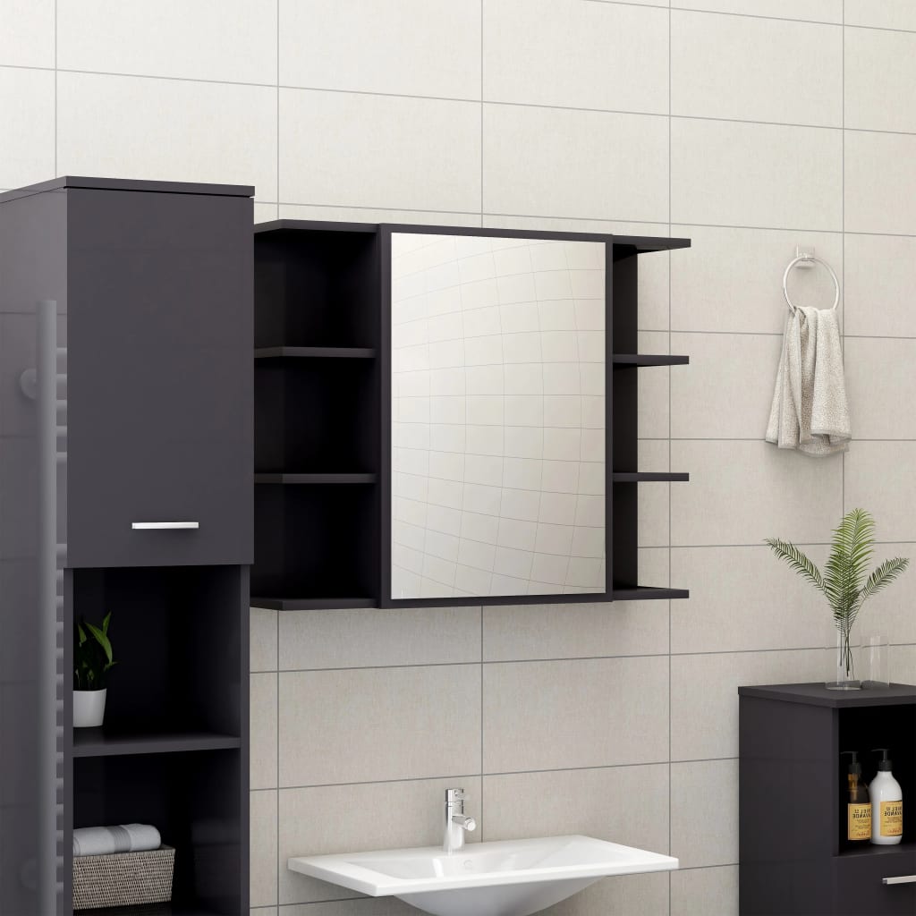 vidaXL badeværelsesskab m. spejl 80x20,5x64 cm spånplade grå højglans