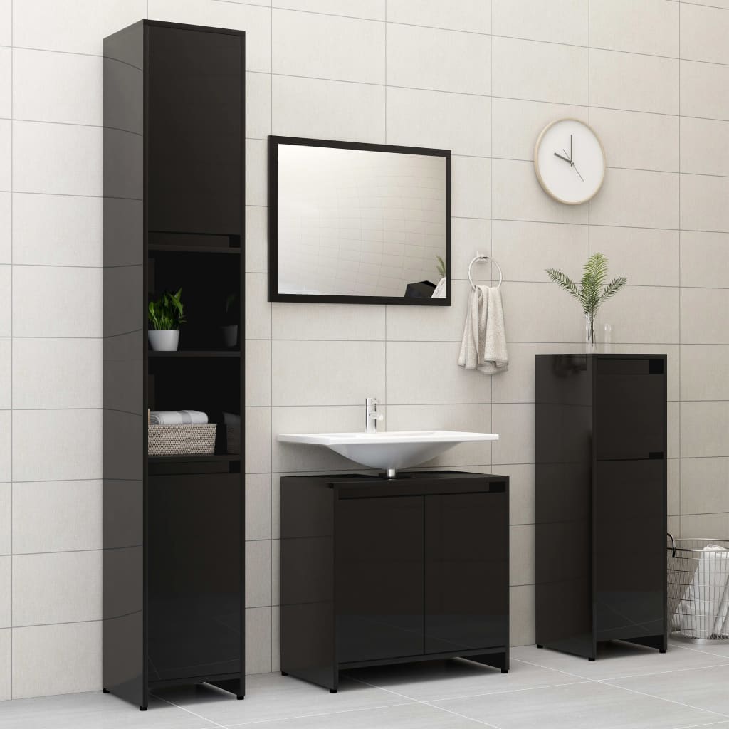 vidaXL Bathroom Cabinet High Gloss Black 30x30x95 cm Engineered Wood