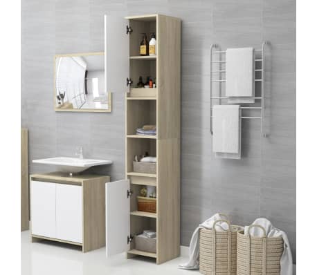 vidaXL Bathroom Cabinet White and Sonoma Oak 30x30x183.5 cm Engineered Wood