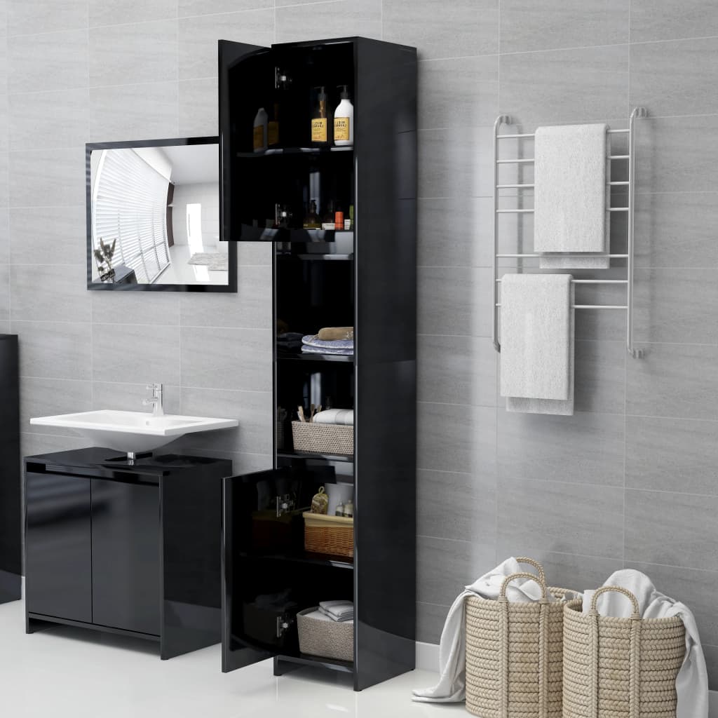 vidaXL Bathroom Cabinet High Gloss Black 30x30x183.5 cm Engineered Wood