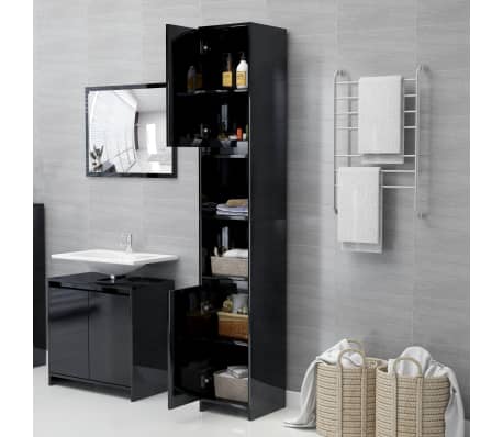 vidaXL Bathroom Cabinet High Gloss Black 30x30x183.5 cm Engineered Wood