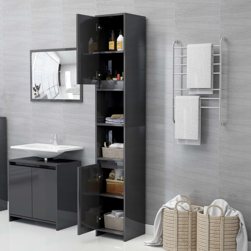 vidaXL Bathroom Cabinet High Gloss Grey 30x30x183.5 cm Engineered Wood