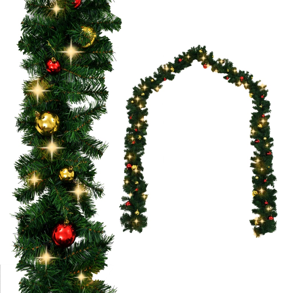 Christmas Garland Artificial Garland with Baubles and LED Lights Green vidaXL - Imagen 2 de 8