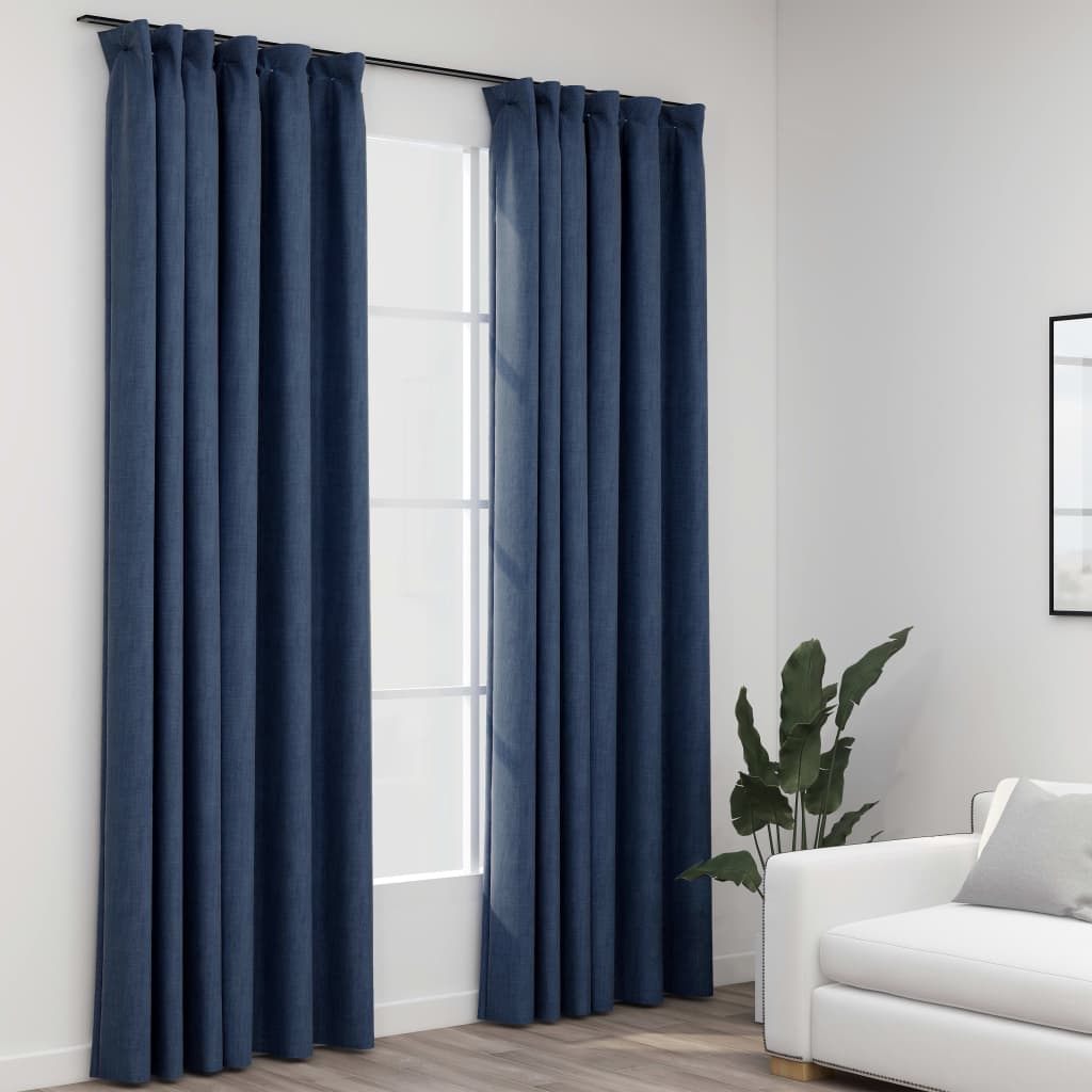 vidaXL Draperii opace aspect in, cârlige, 2 buc., albastru, 140x245 cm