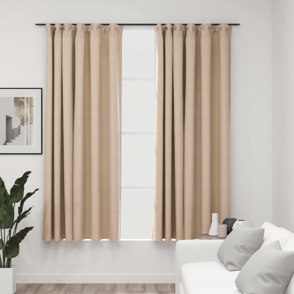 vidaXL Draperii opace aspect in, cu cârlige, 2 buc., bej, 140x175 cm