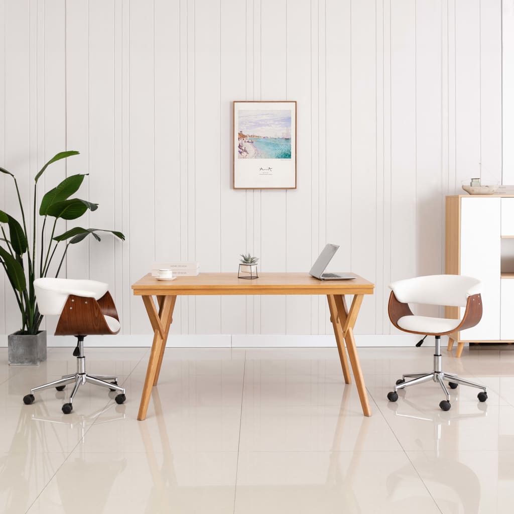 Drehbarer Bürostuhl Weiß Bugholz und Kunstleder