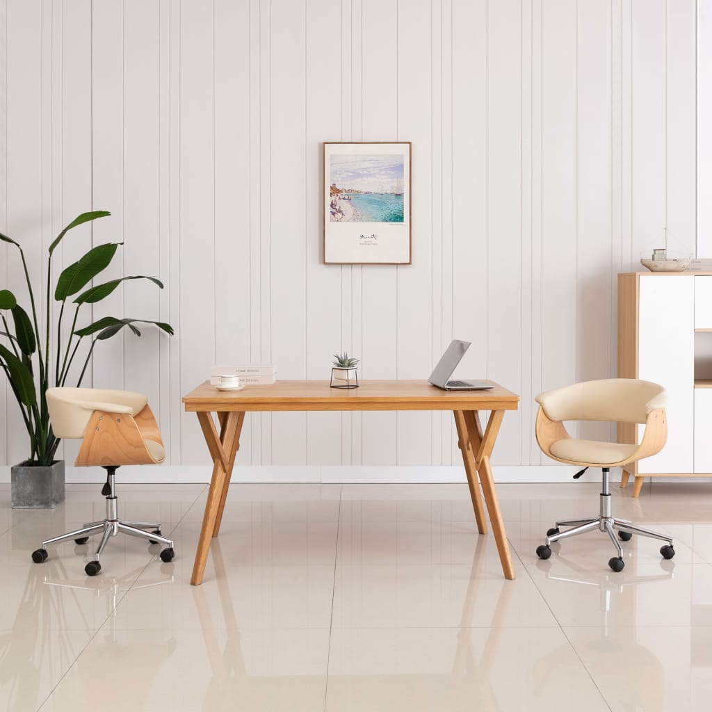 vidaXL Scaun de birou pivotant, crem, lemn curbat și piele ecologică vidaXL imagine noua 2022