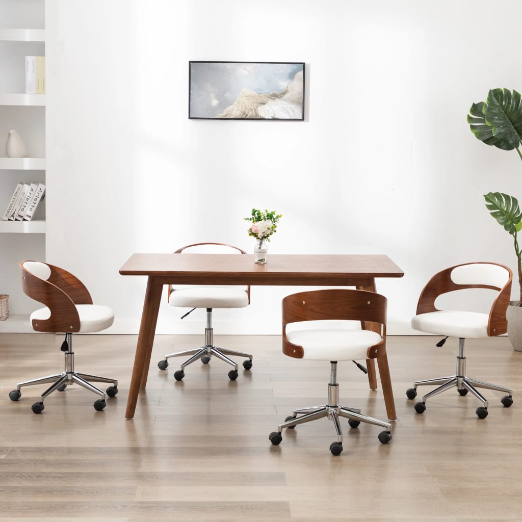 vidaXL Scaune pivotante, 4 buc. alb, lemn curbat & piele ecologică