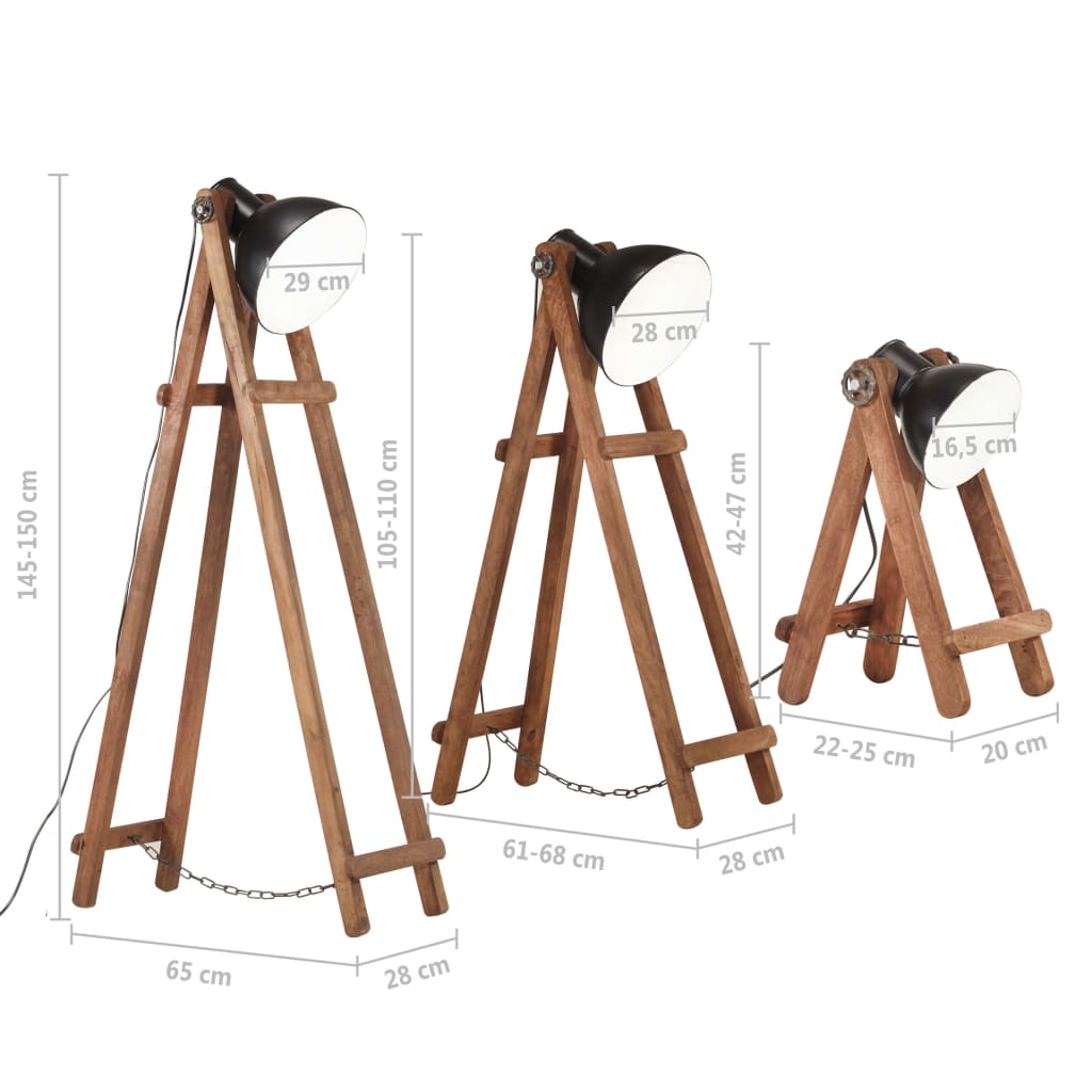 grīdas lampas, 3 gab., mango masīvkoks, E27, melna