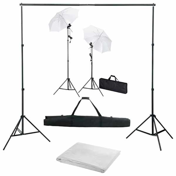 vidaXL fotostuudiokomplekt taustapildi, lampide ja vihmavarjudega